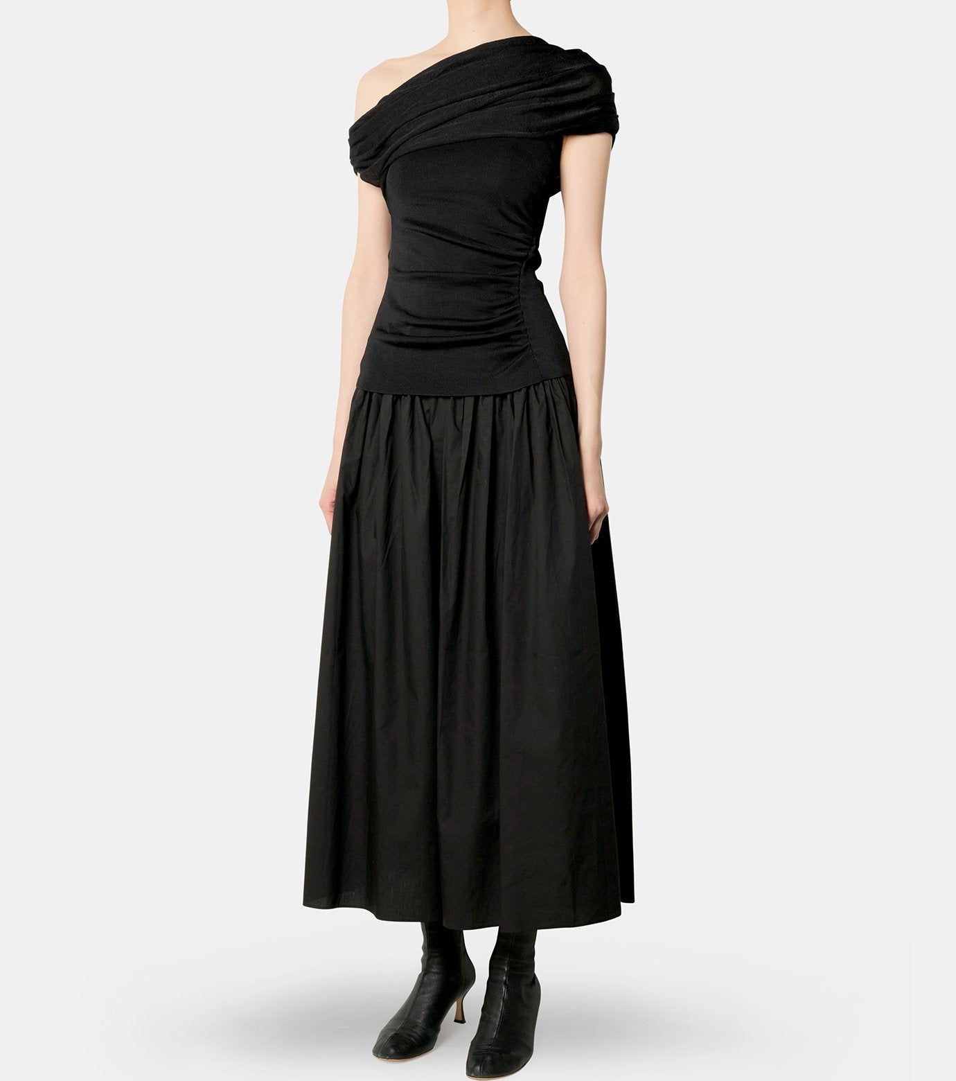 Black Cotton Draped Knit Midi Dress