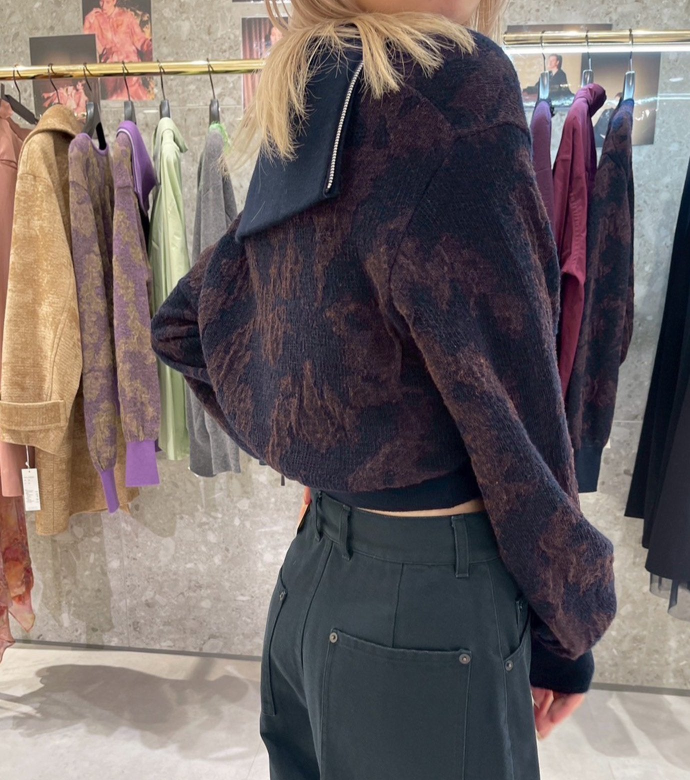 Layered Jacquard Zip-Up Pullover