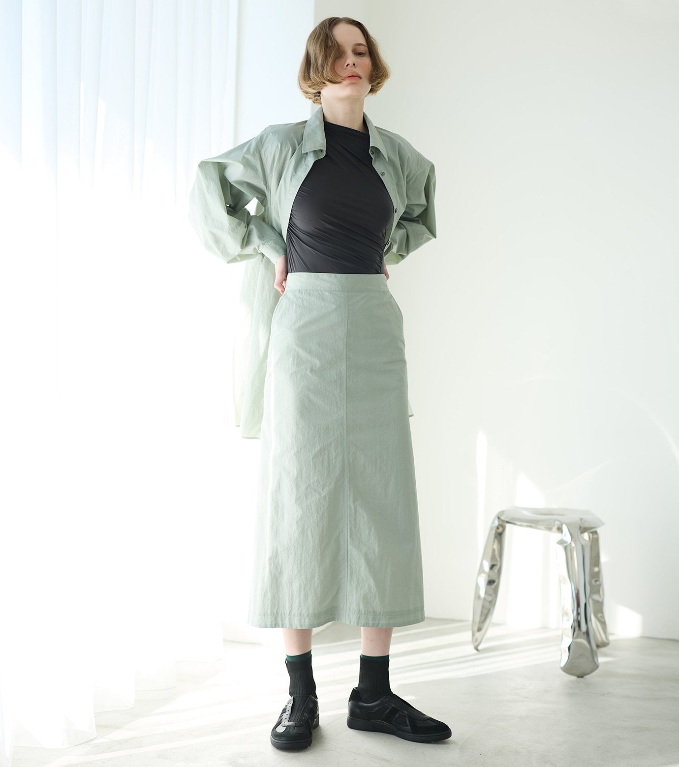 Nylon Leather Midi Skirt
