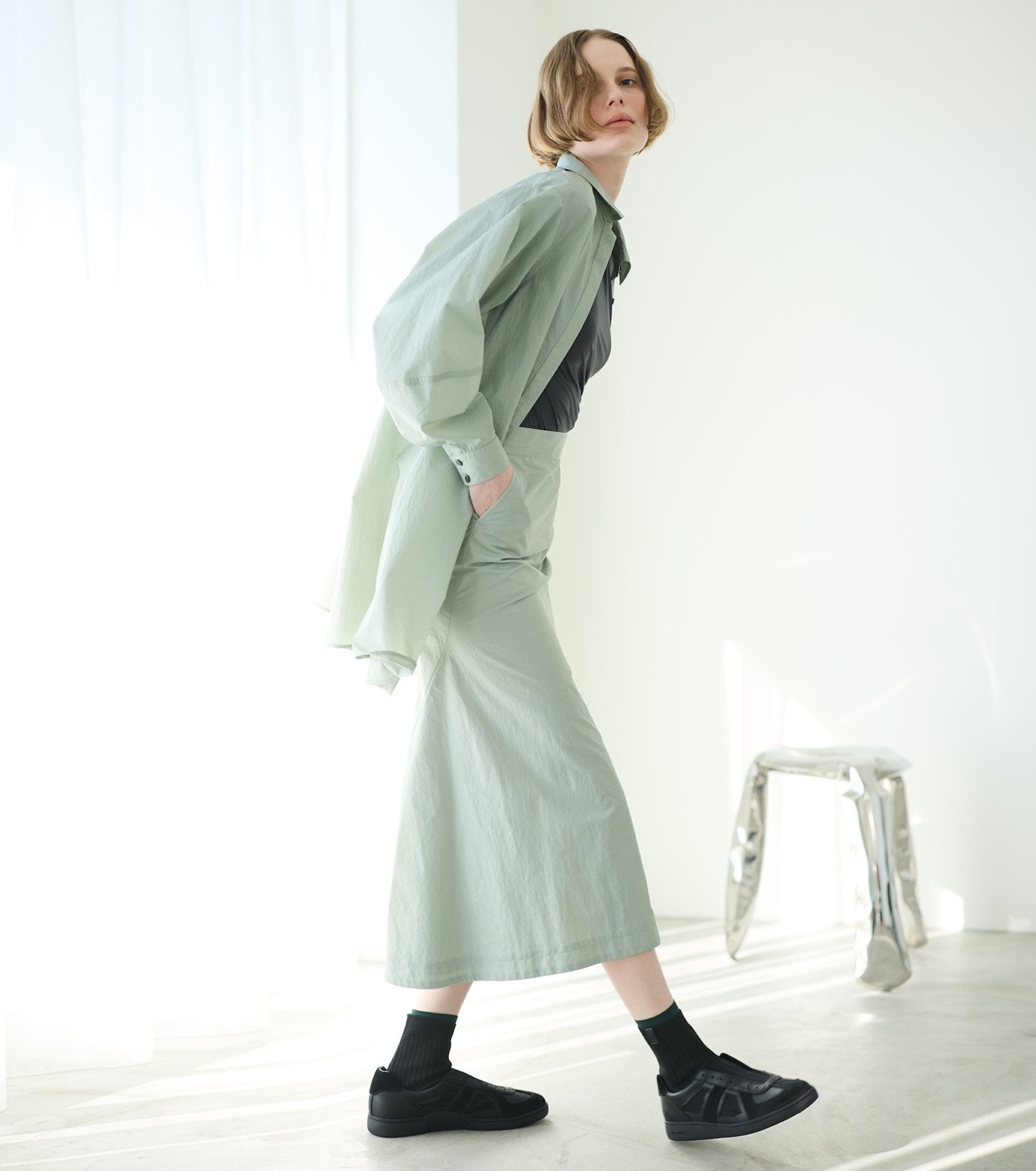 Nylon Leather Midi Skirt