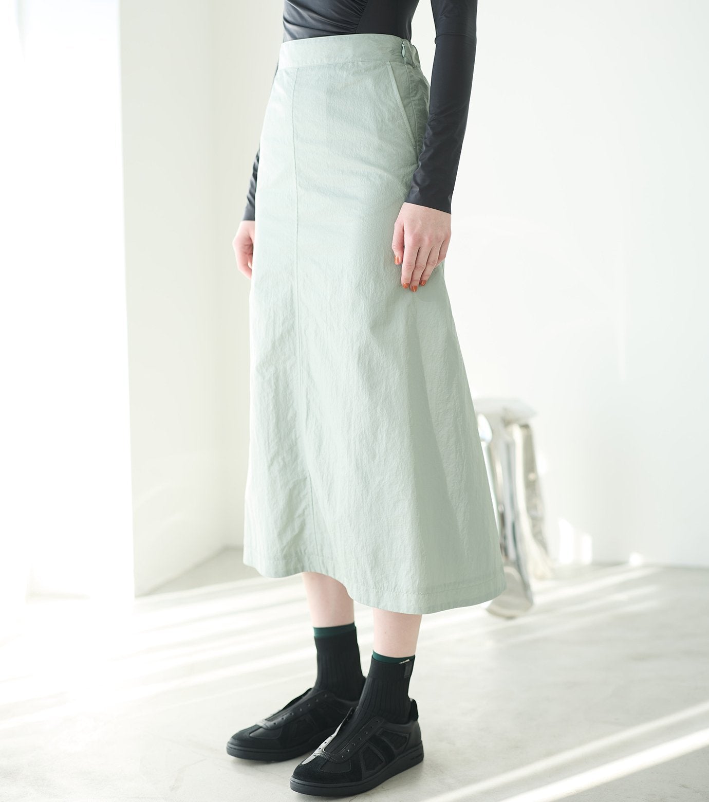 Nylon Leather Midi Skirt