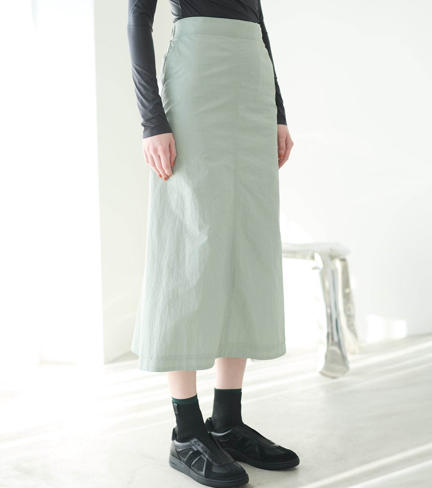 Nylon Leather Midi Skirt