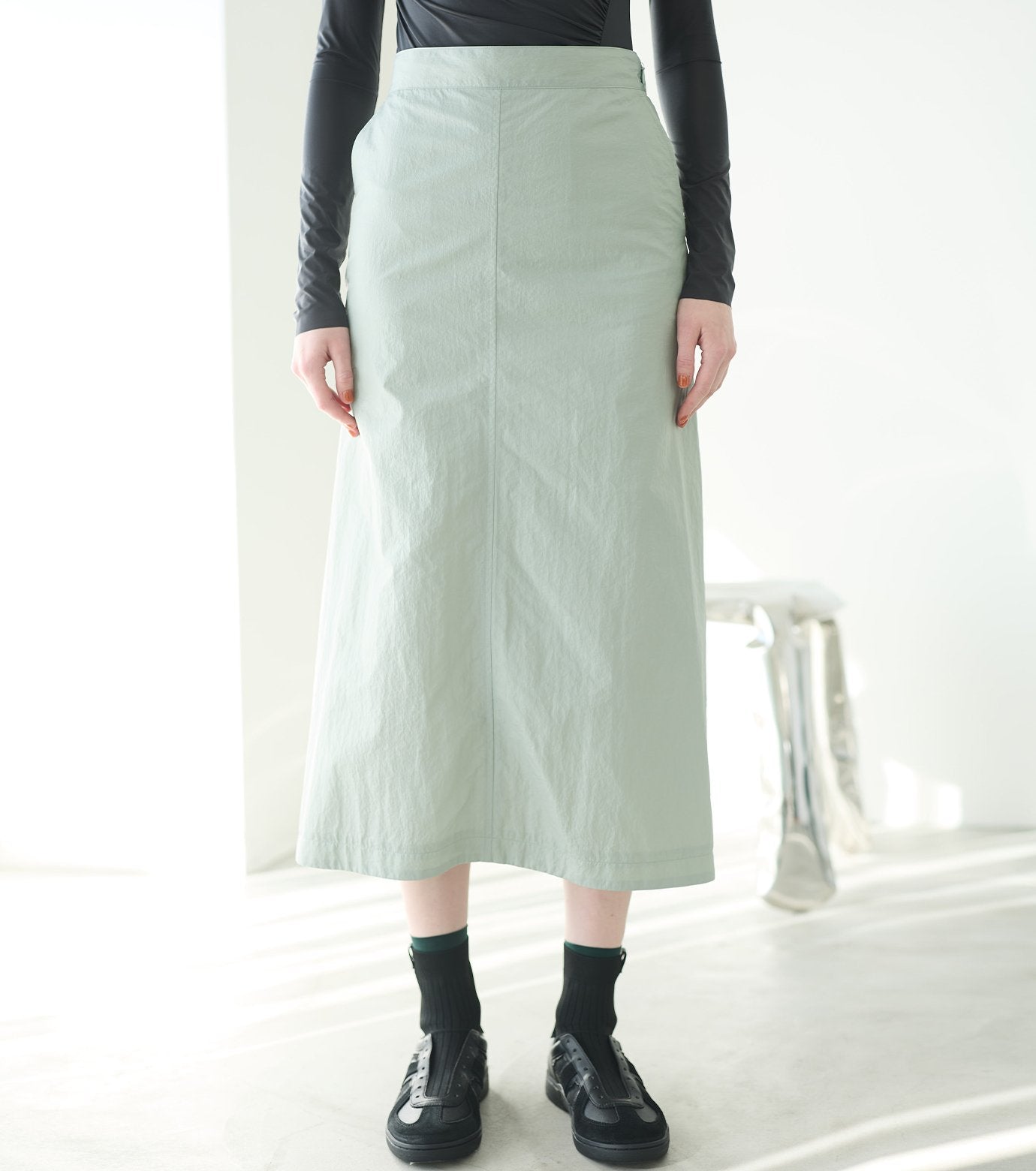 Nylon Leather Midi Skirt