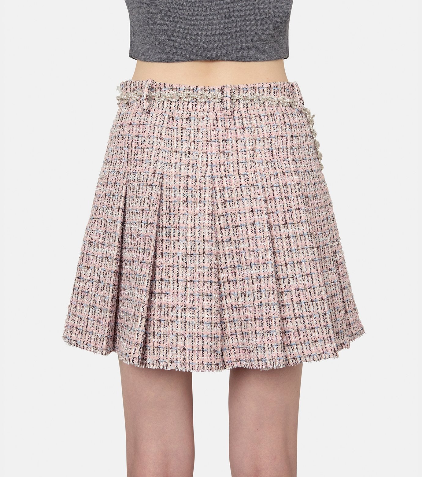 Pink Boucle Crystal Belt Mini Skirt