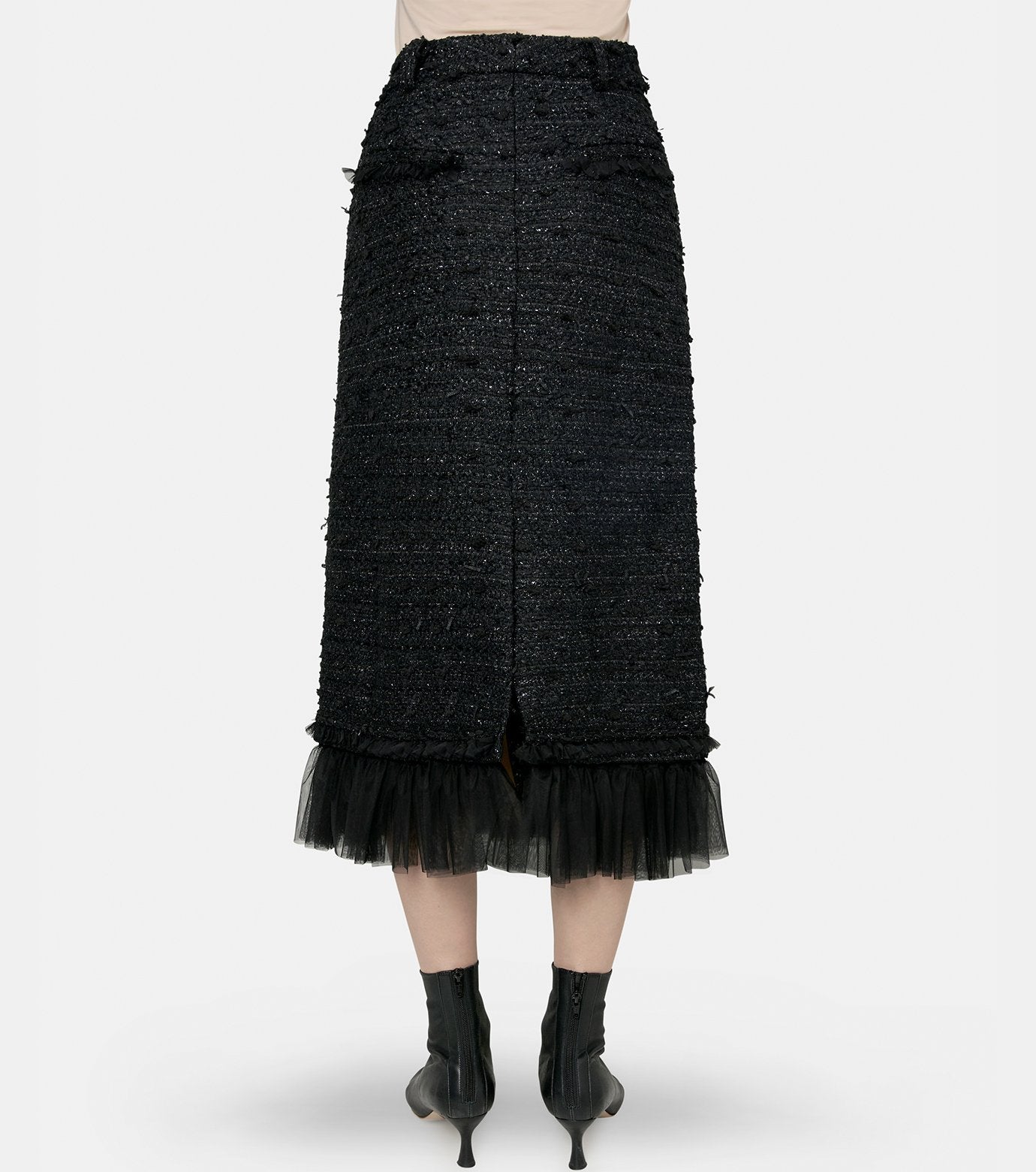 Tulle Layered Tweed Midi Skirt