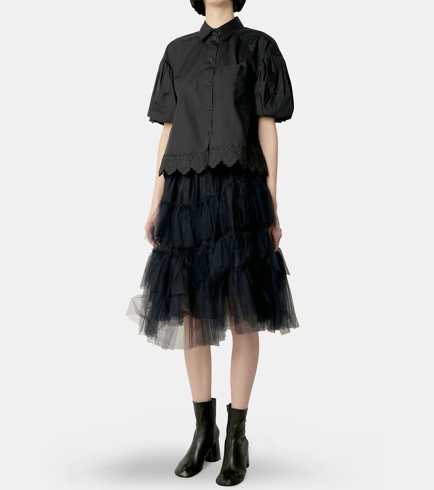 Cropped Puff Sleeve Shirt w/Trim