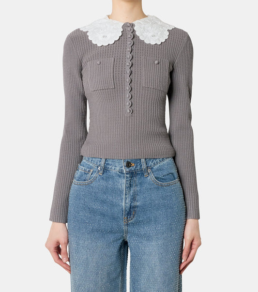 Grey Lace Collar Knit Top