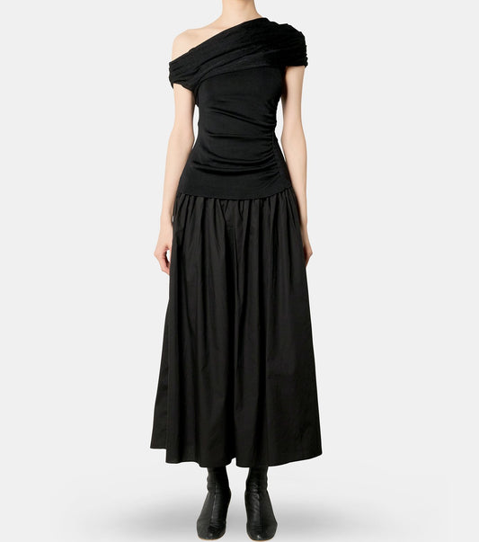 Black Cotton Draped Knit Midi Dress