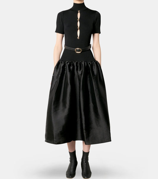 Black Knit Taffeta Midi Dress