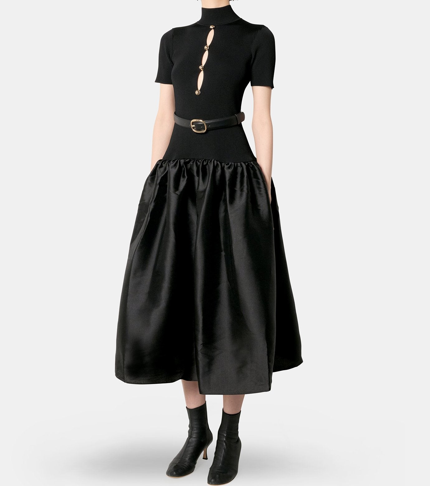 Black Knit Taffeta Midi Dress