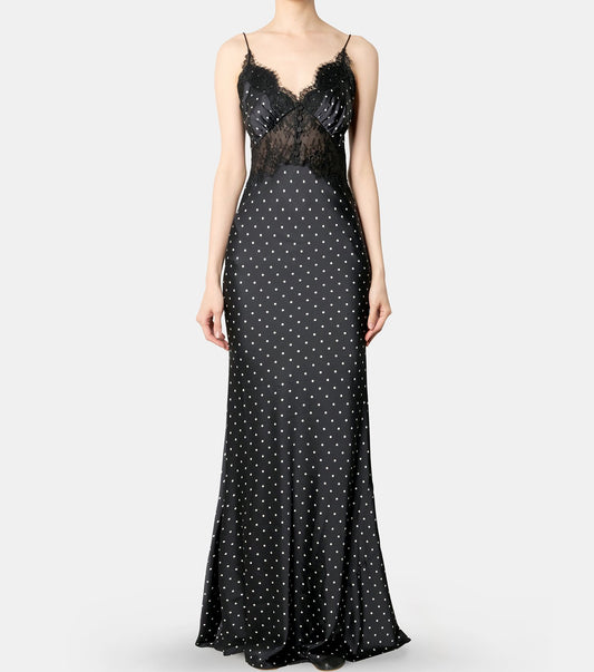 Polka Dot Satin Lace Maxi Dress