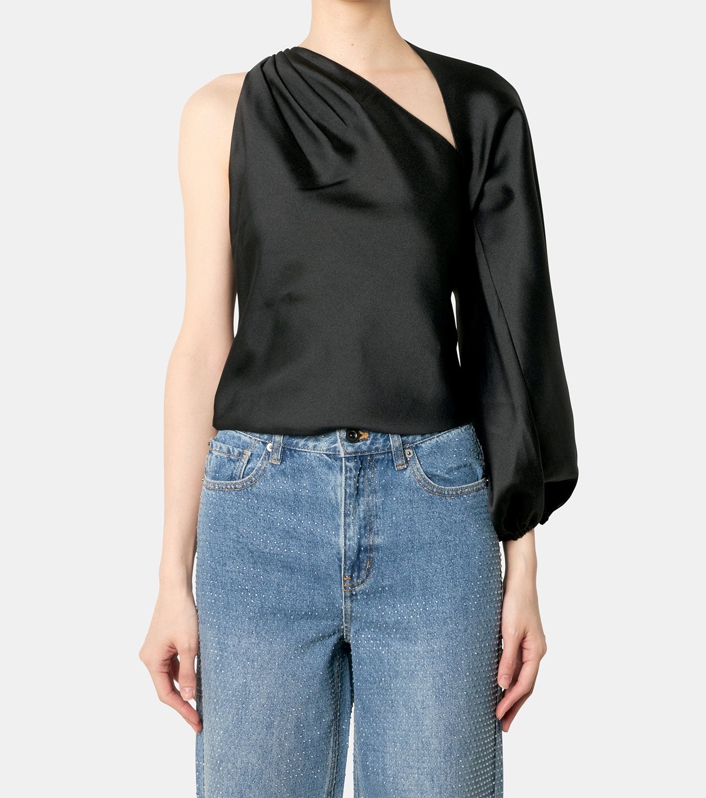 Black Taffeta Draped Sleeve Top