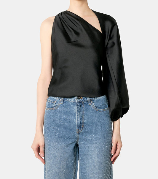 Black Taffeta Draped Sleeve Top