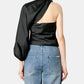 Black Taffeta Draped Sleeve Top