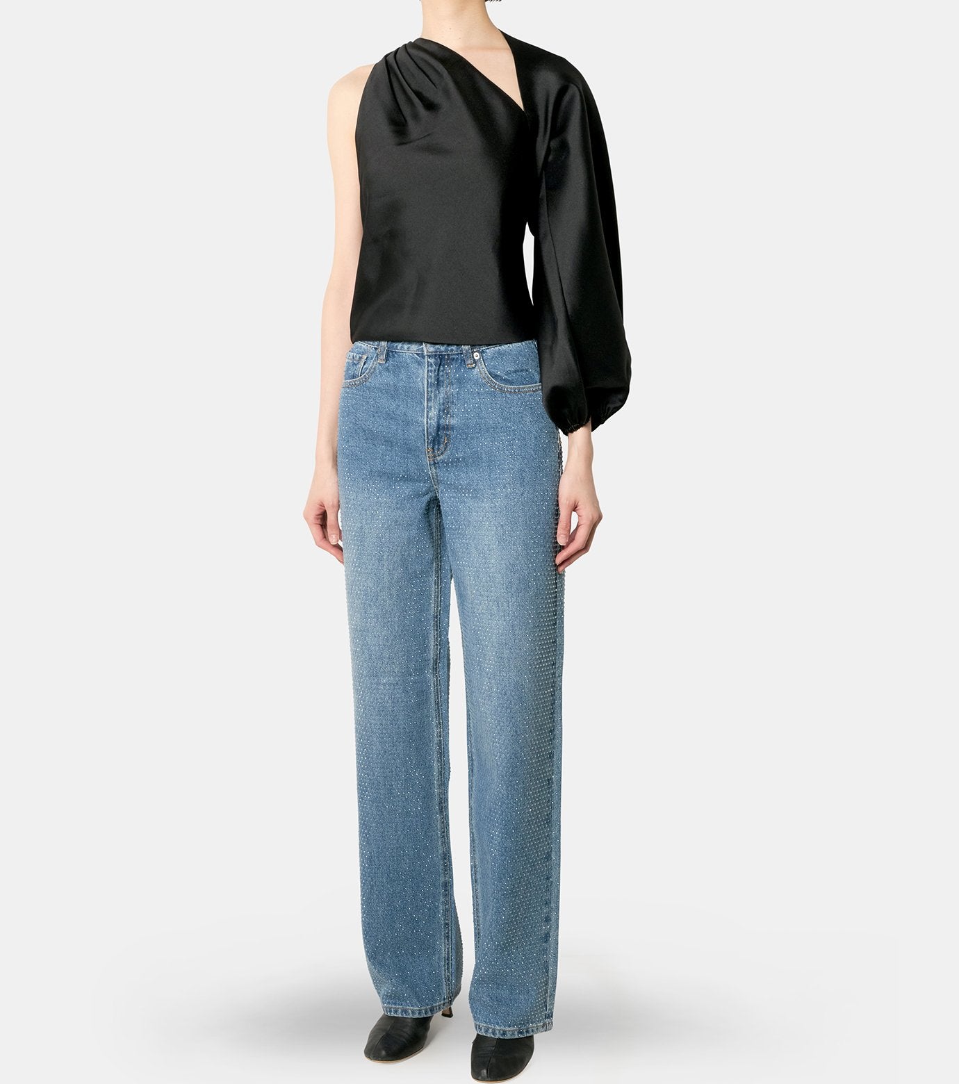 Black Taffeta Draped Sleeve Top