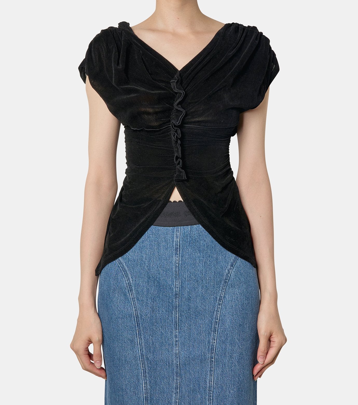 VELVET TULLE SHIRRING TOP