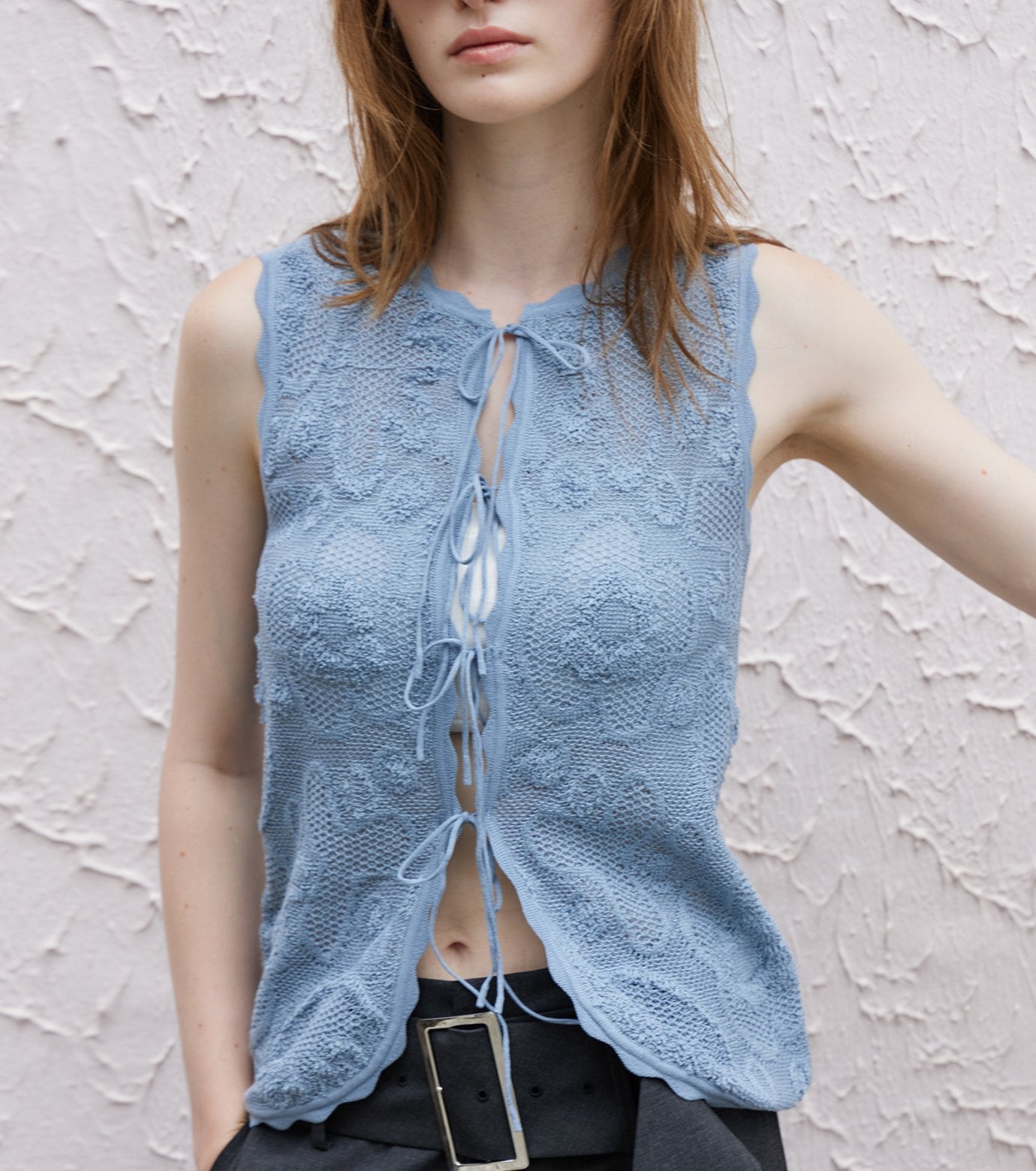 Jacquard Knit Vest w/Ribbon Tie Front