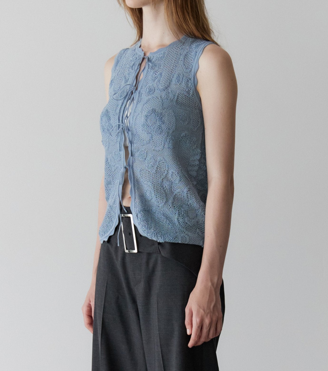 Jacquard Knit Vest w/Ribbon Tie Front