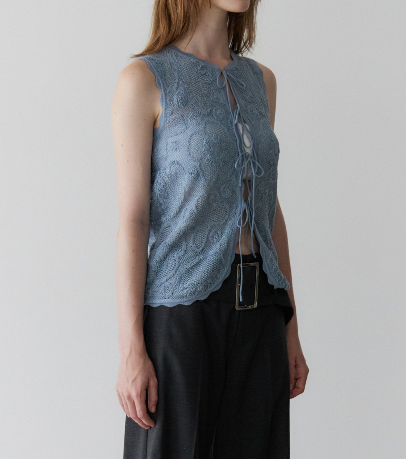 Jacquard Knit Vest w/Ribbon Tie Front