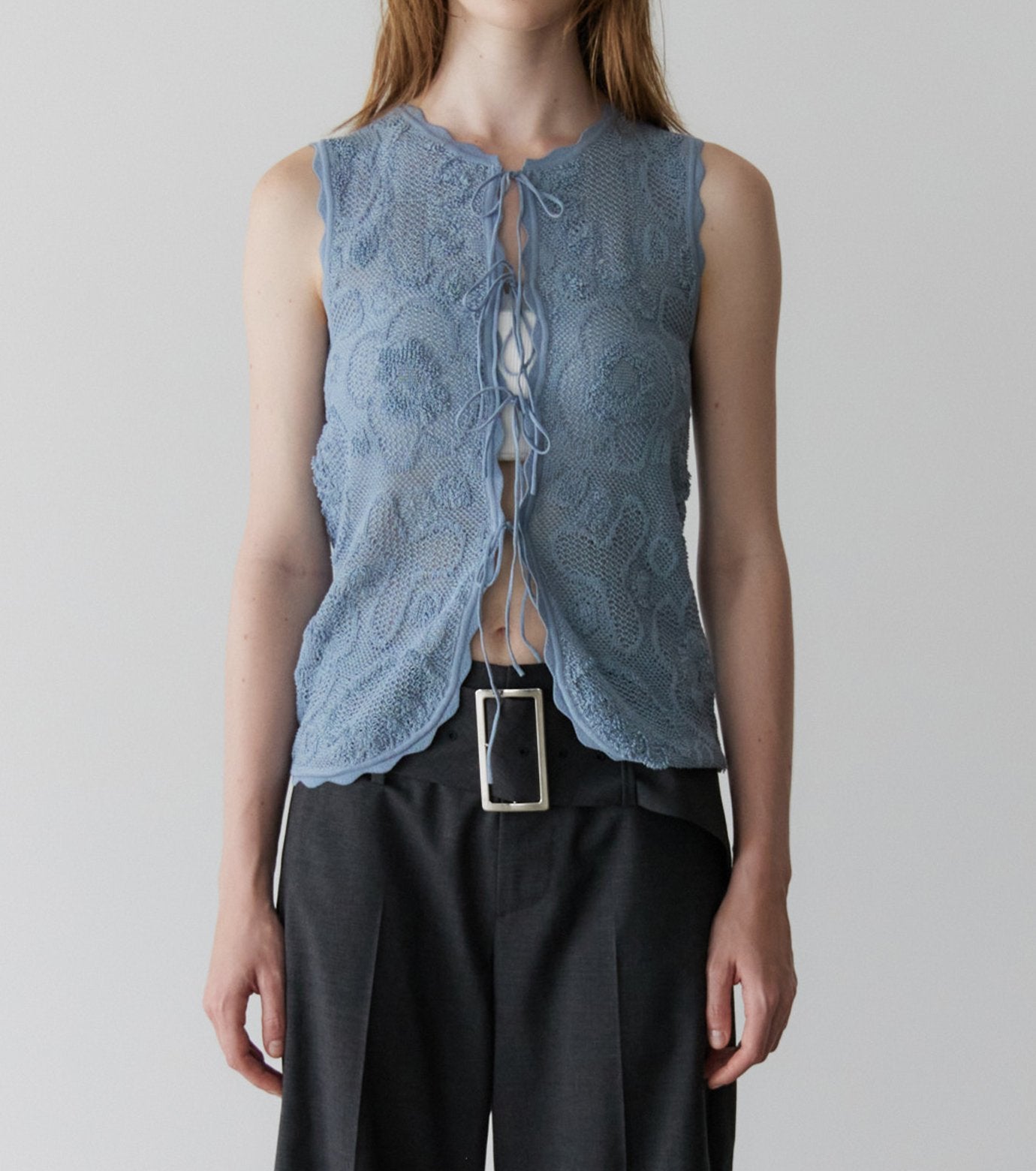 Jacquard Knit Vest w/Ribbon Tie Front