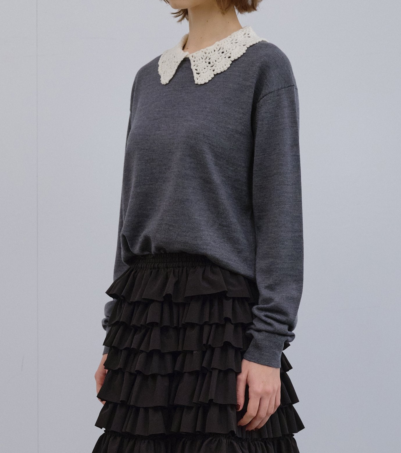 Crochet-Collar Fine Knit Sweater
