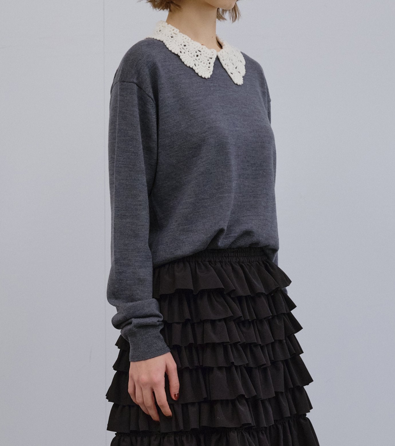 Crochet-Collar Fine Knit Sweater