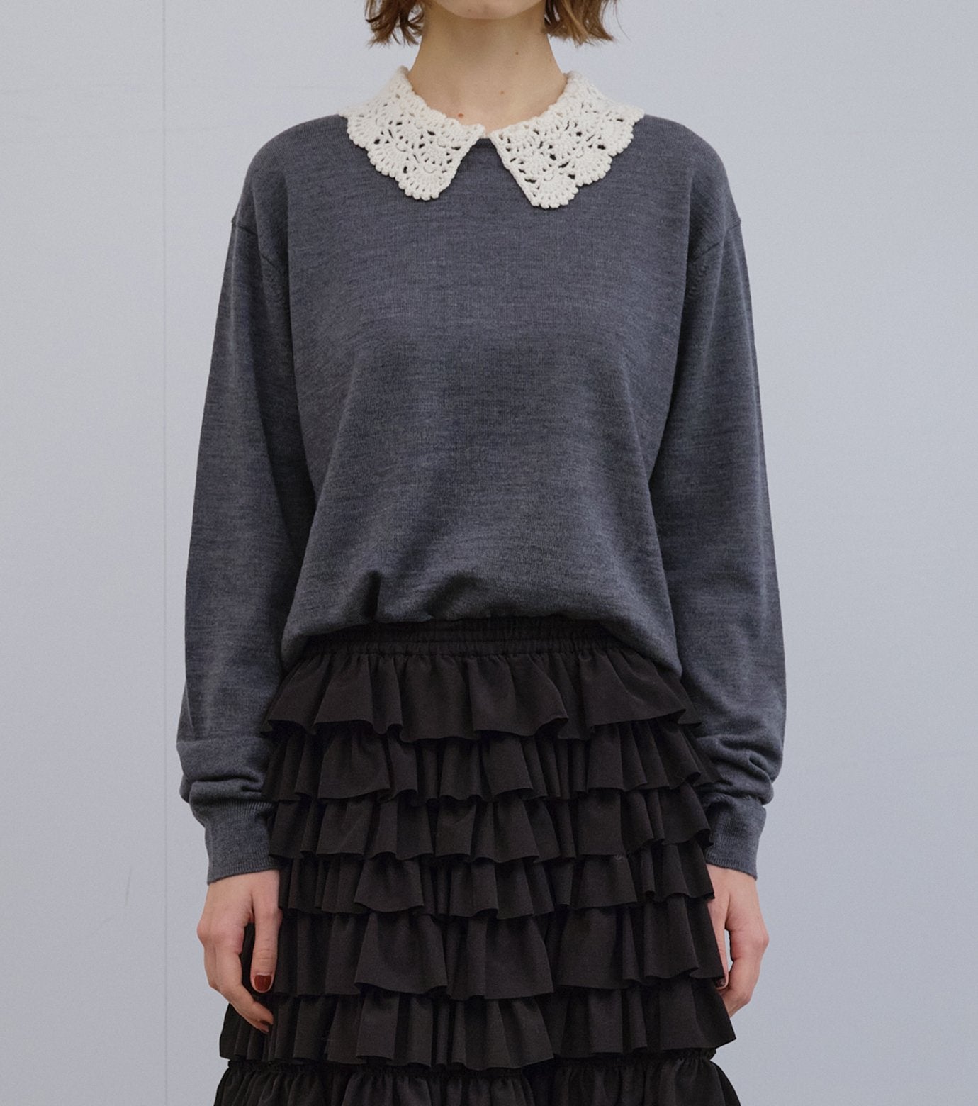 Crochet-Collar Fine Knit Sweater