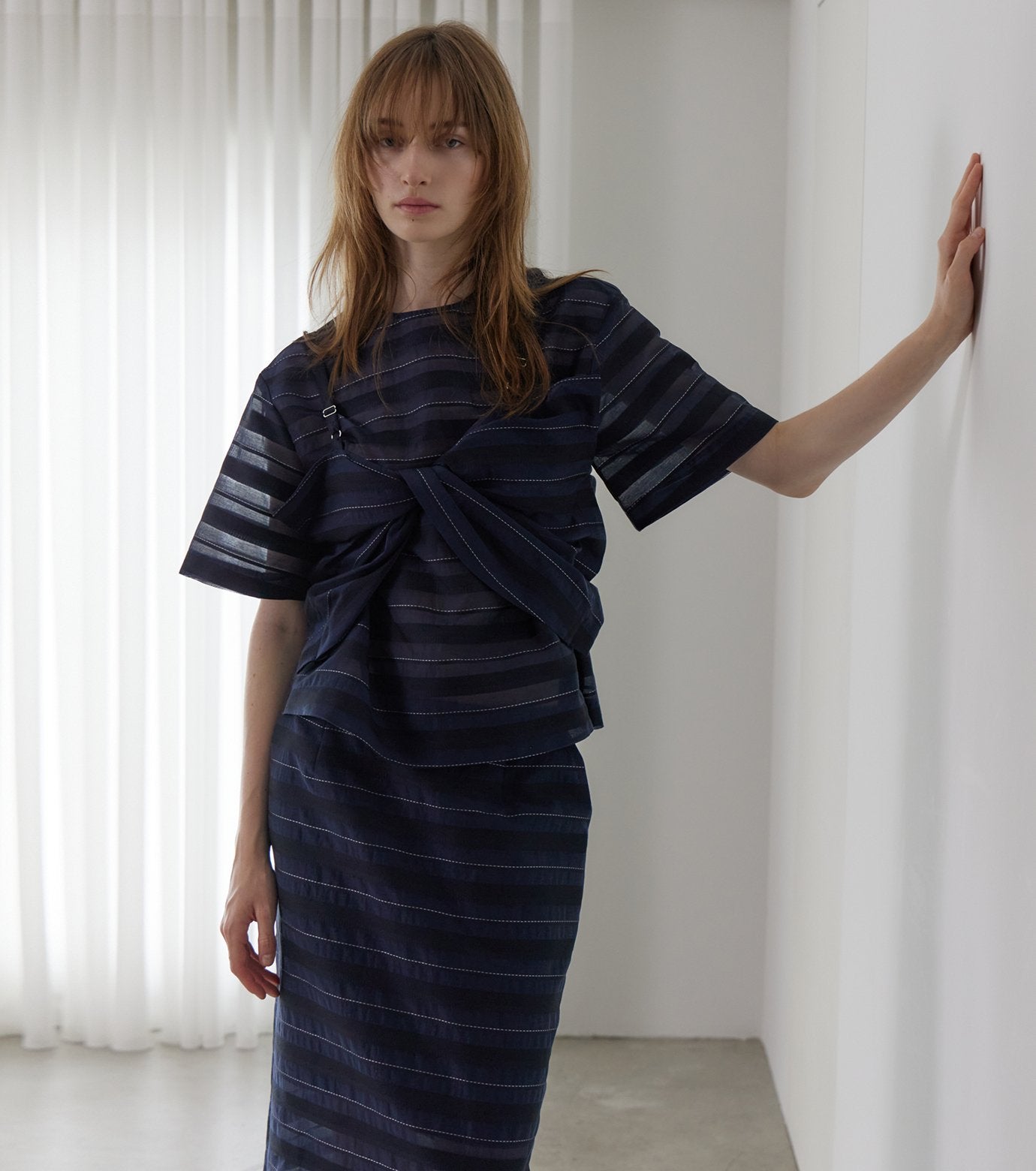Jacquard Sheer Stripe Short Sleeve Top