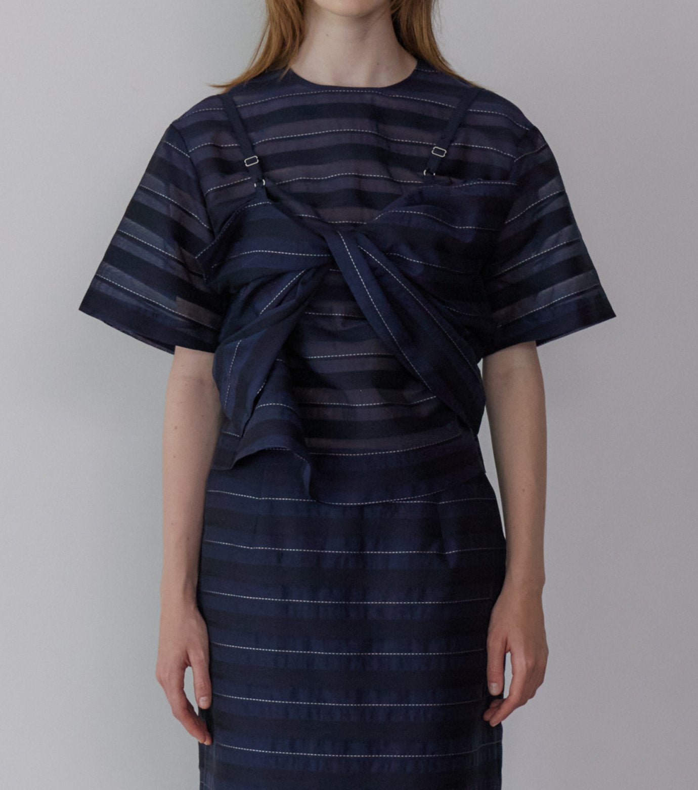 Jacquard Sheer Stripe Short Sleeve Top