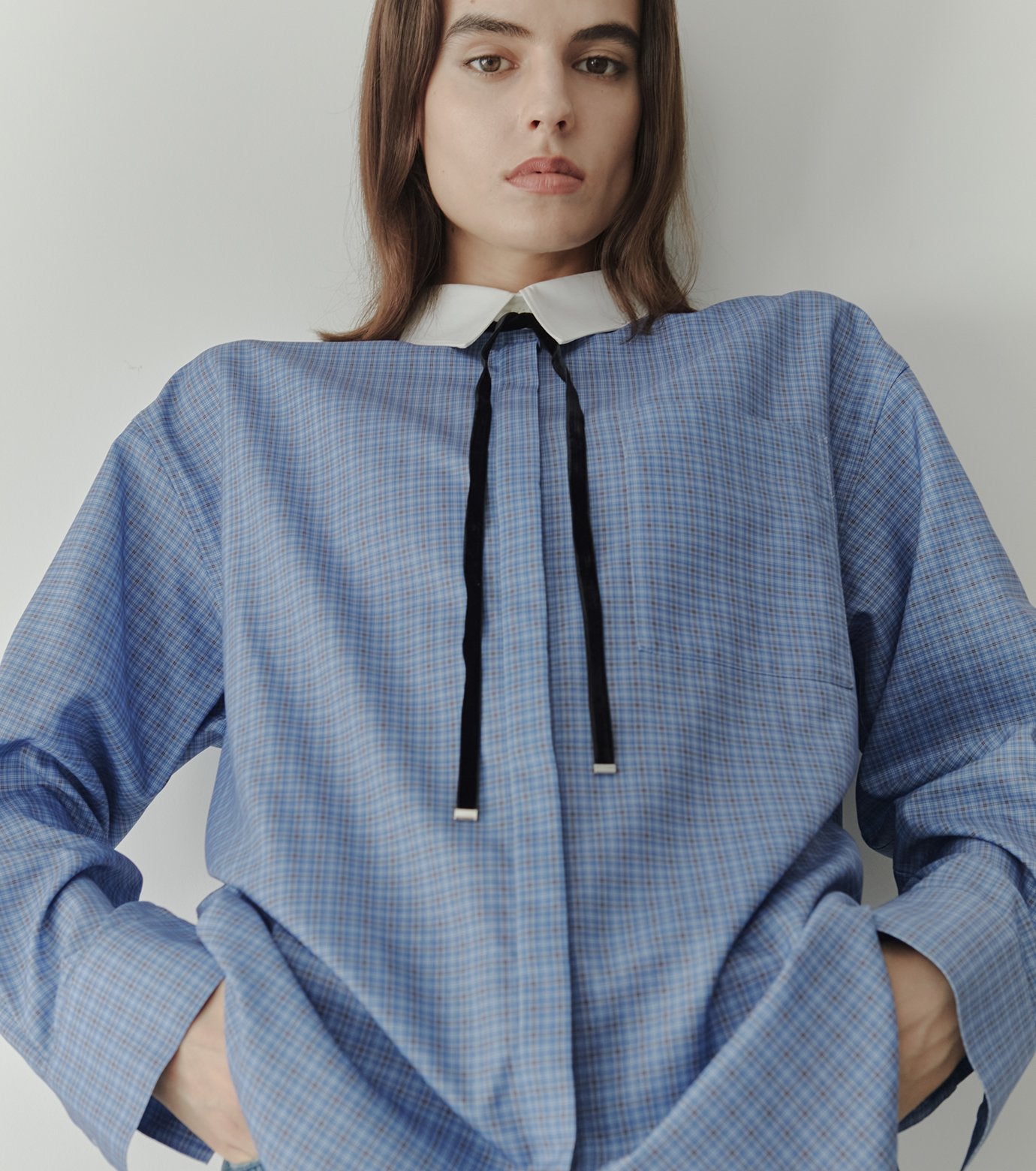 Sheer Checkered Shirt w/Contrast Collar