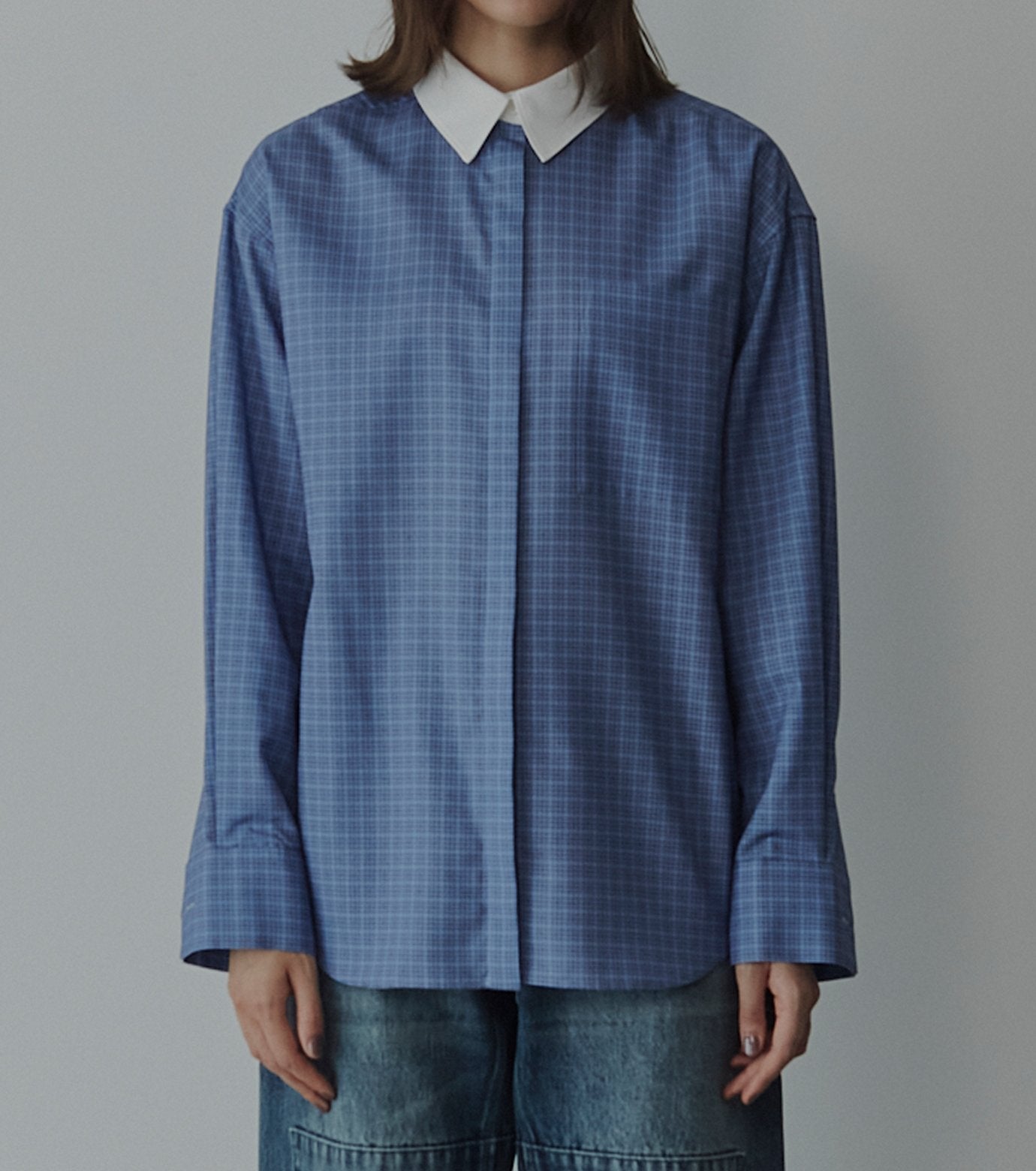 Sheer Checkered Shirt w/Contrast Collar