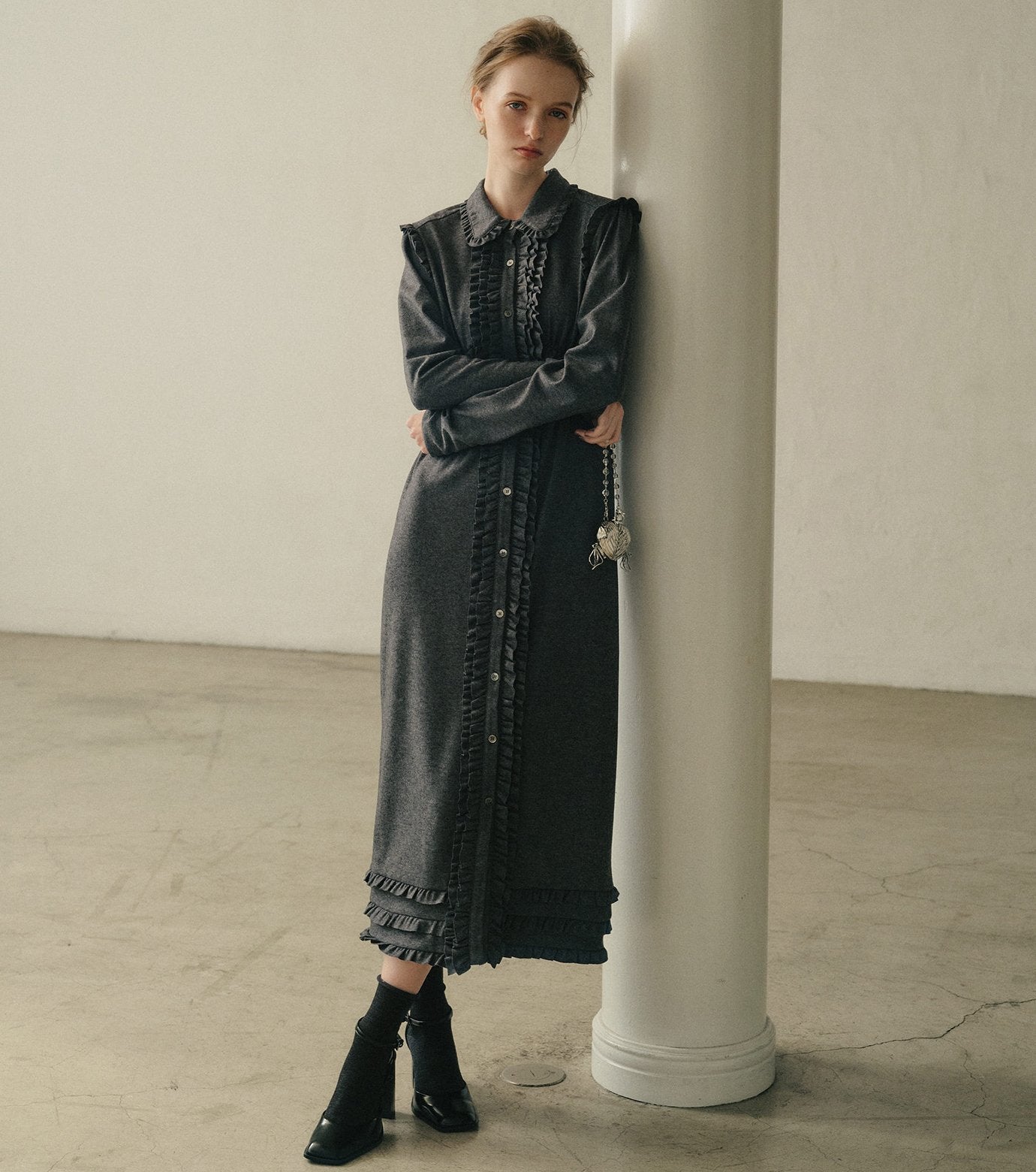 Jersey Shirt Dress w/Frilled Details