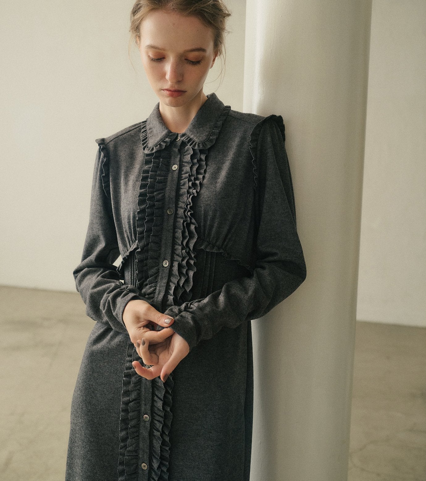 Jersey Shirt Dress w/Frilled Details