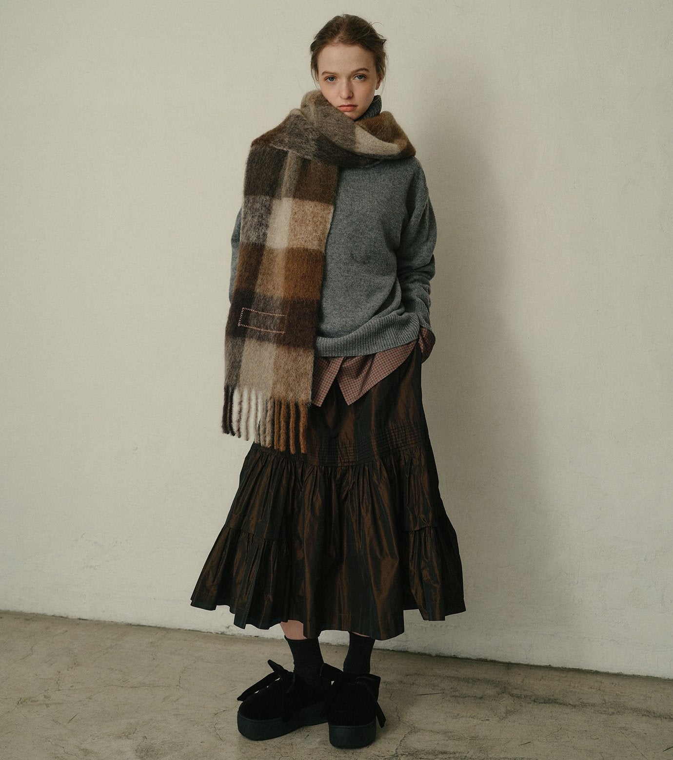 Taffeta Gathered Midi Skirt