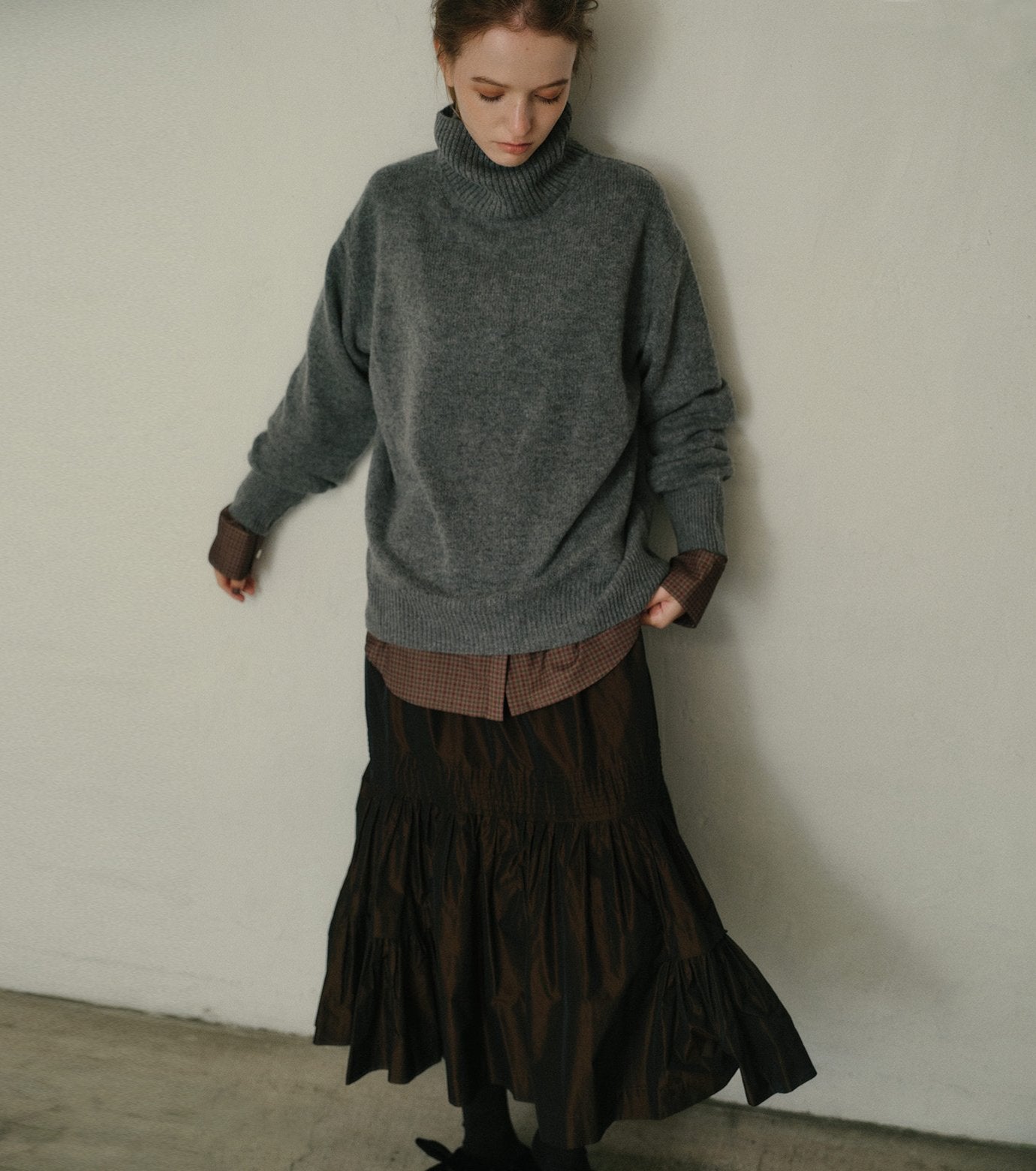 Taffeta Gathered Midi Skirt