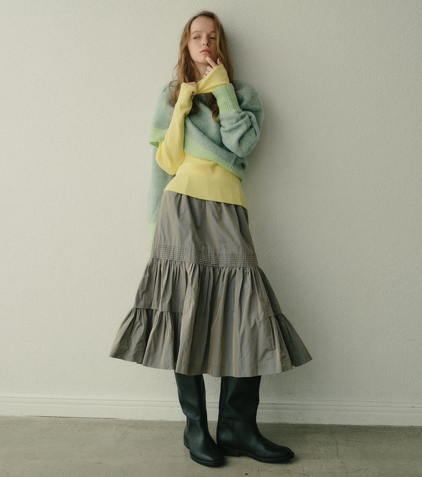 Taffeta Gathered Midi Skirt