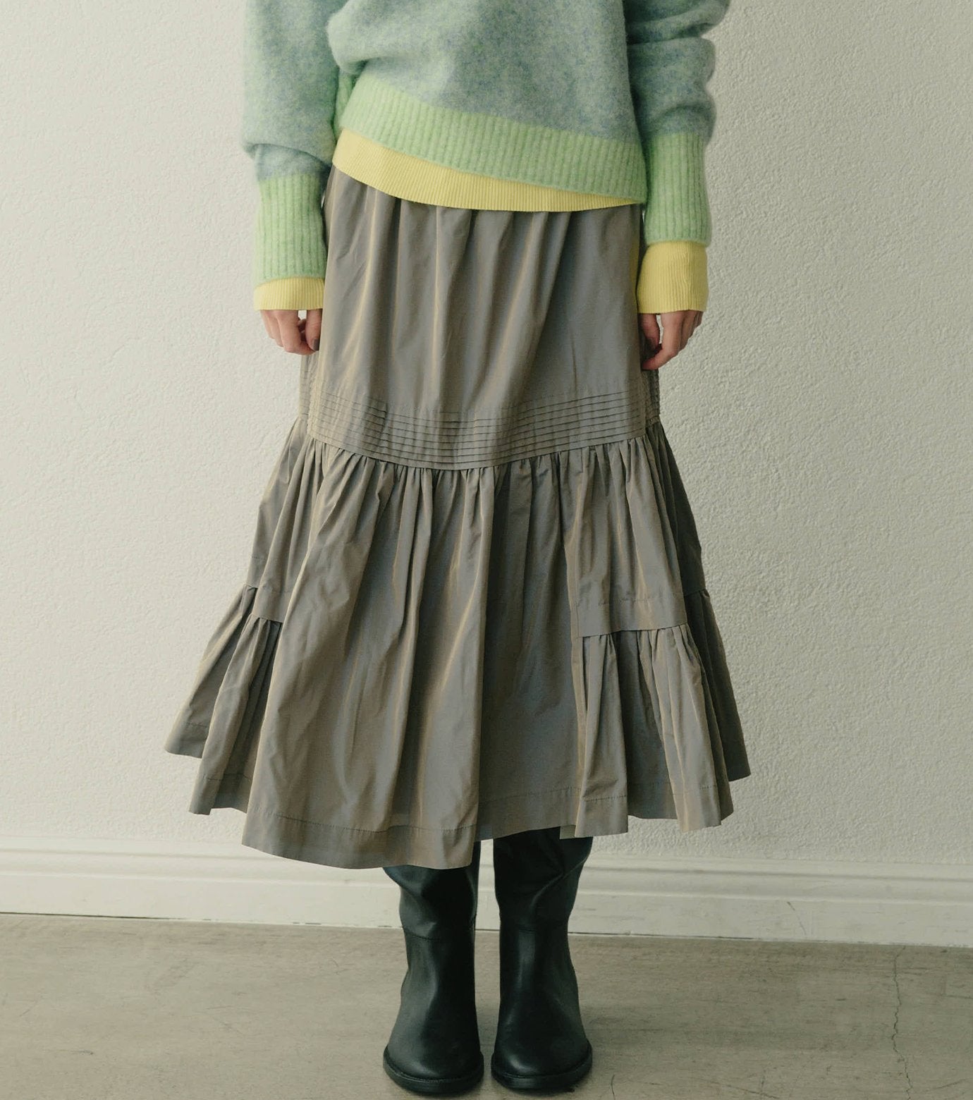 Taffeta Gathered Midi Skirt