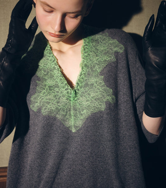 Vneck Knit w/Needle-Punched Lace