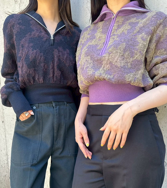Layered Jacquard Zip-Up Pullover