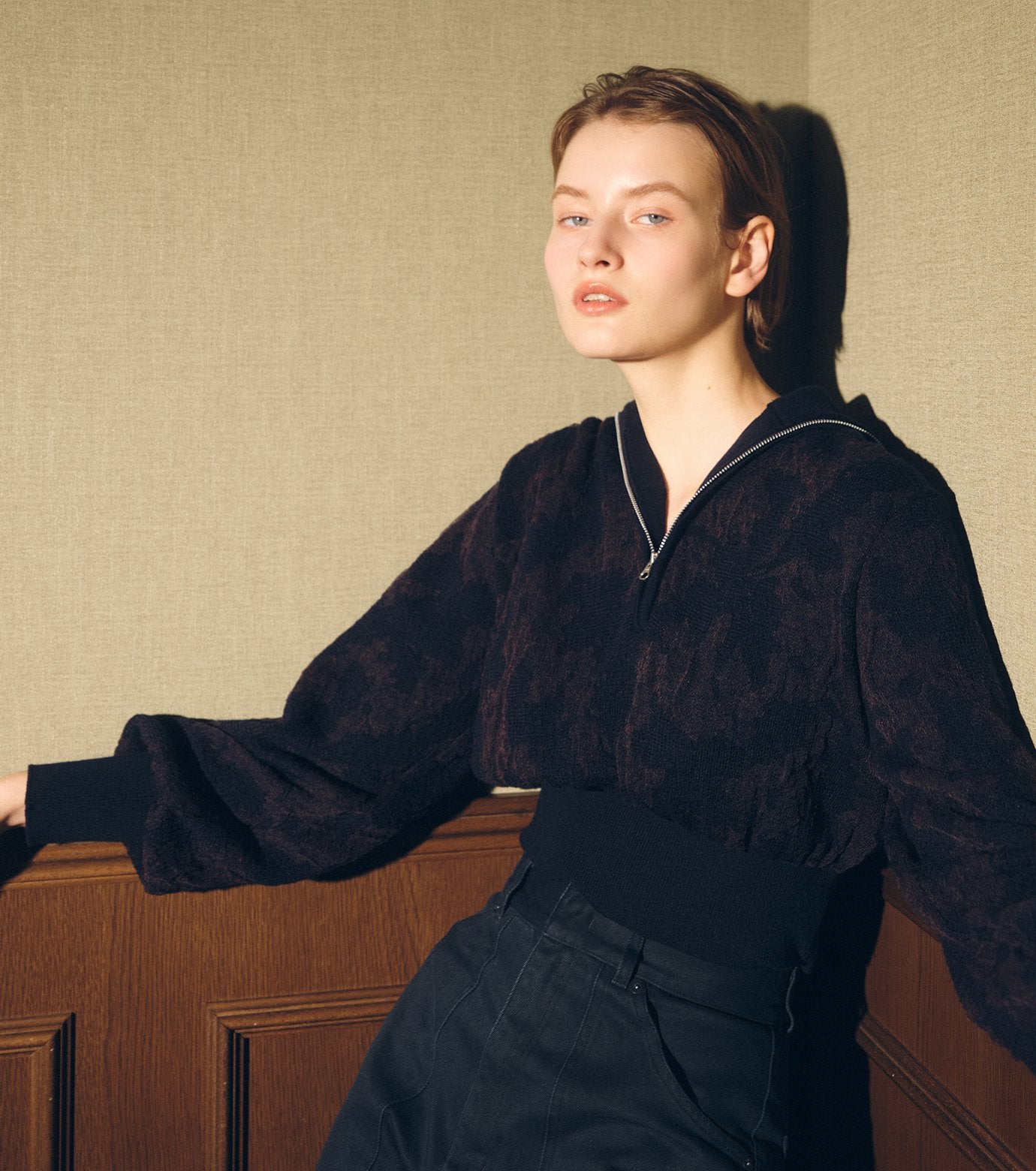Layered Jacquard Zip-Up Pullover