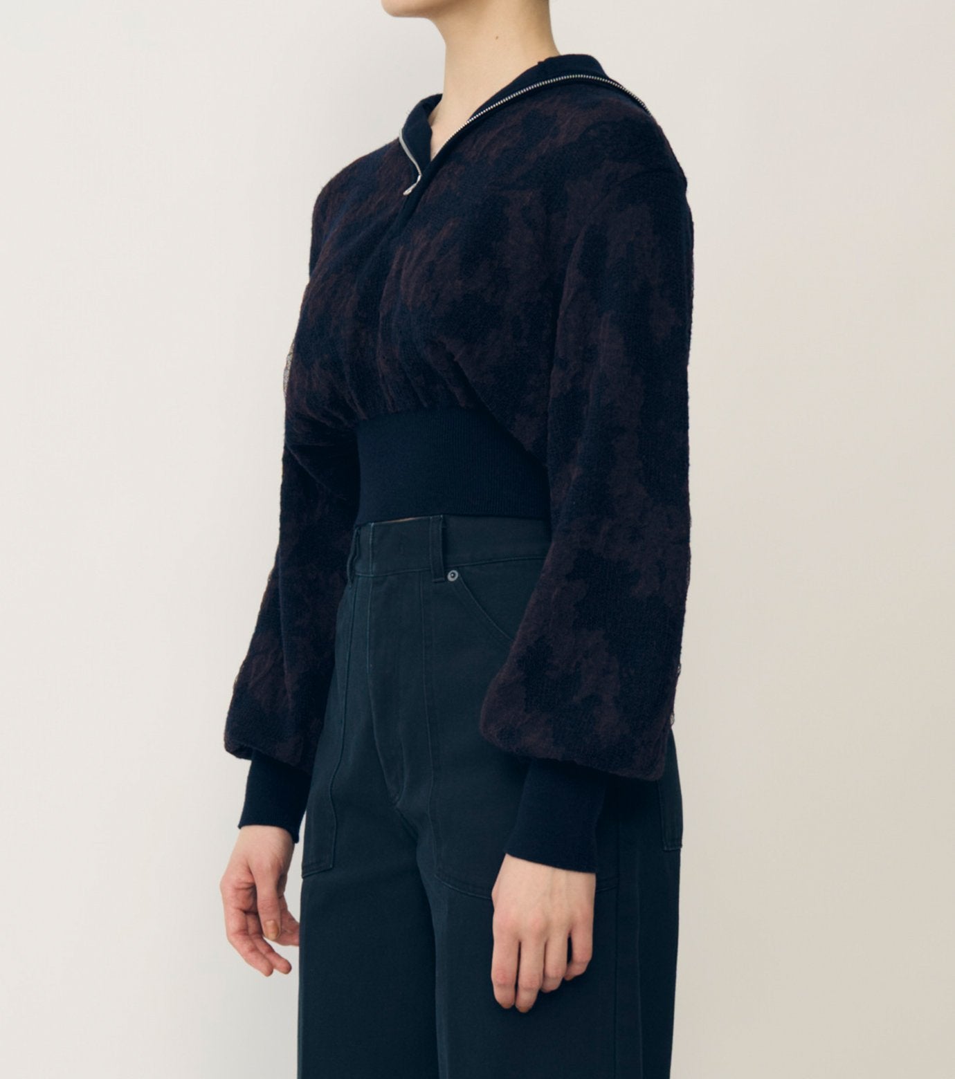 Layered Jacquard Zip-Up Pullover