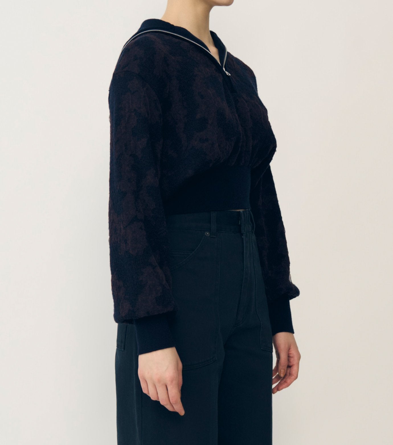 Layered Jacquard Zip-Up Pullover