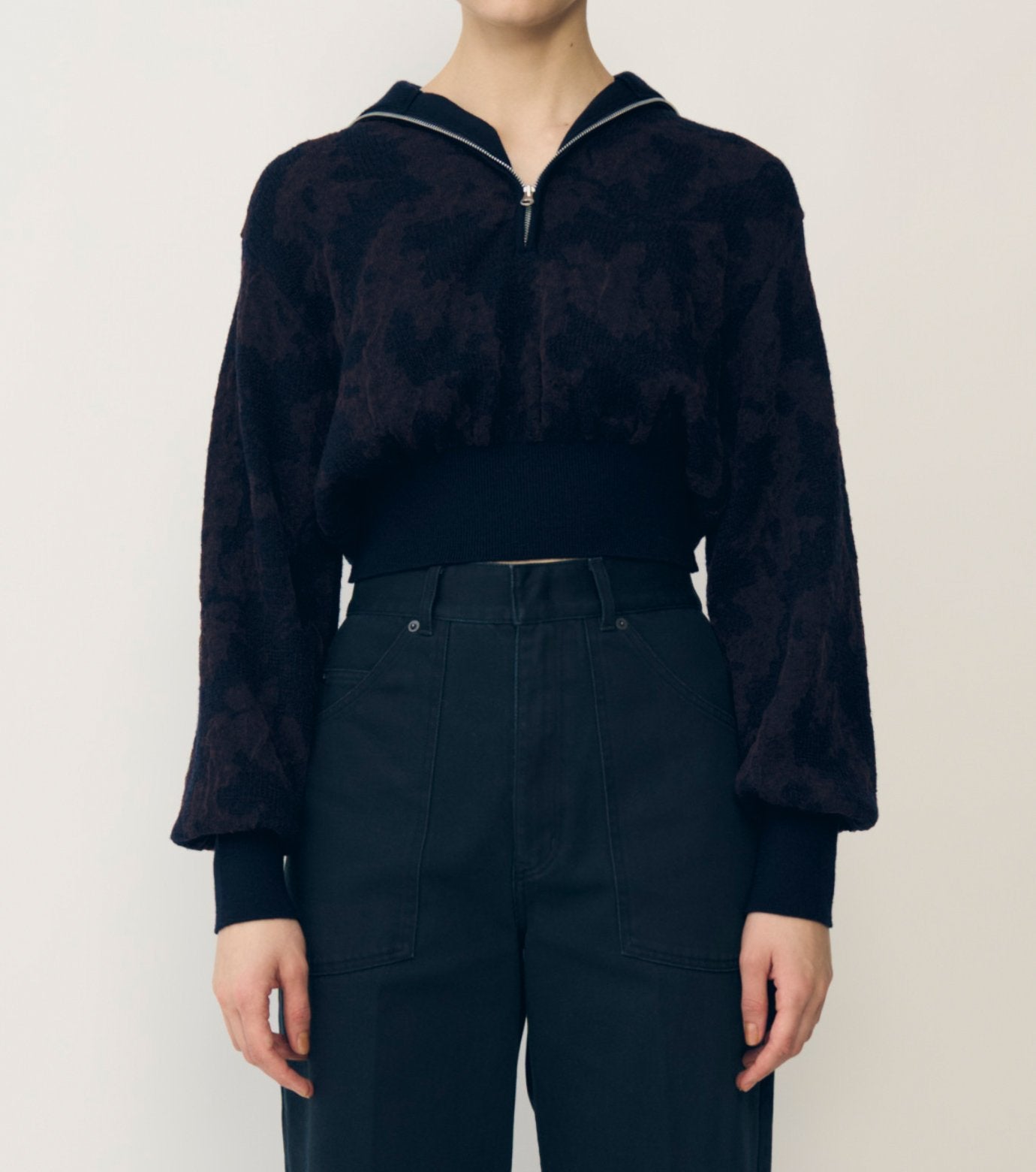 Layered Jacquard Zip-Up Pullover