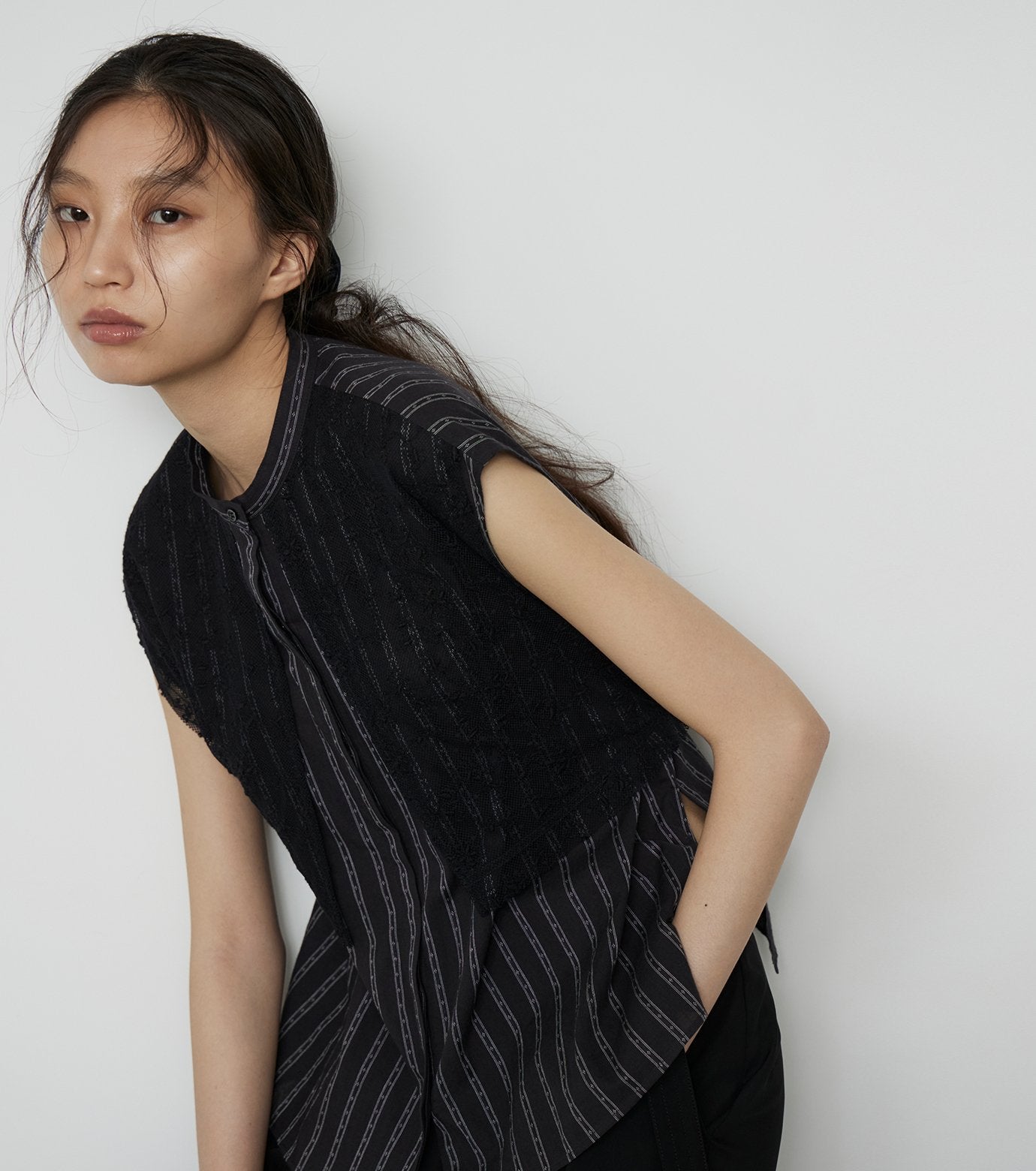 Striped Sleeveless Shirt with Lace Bib