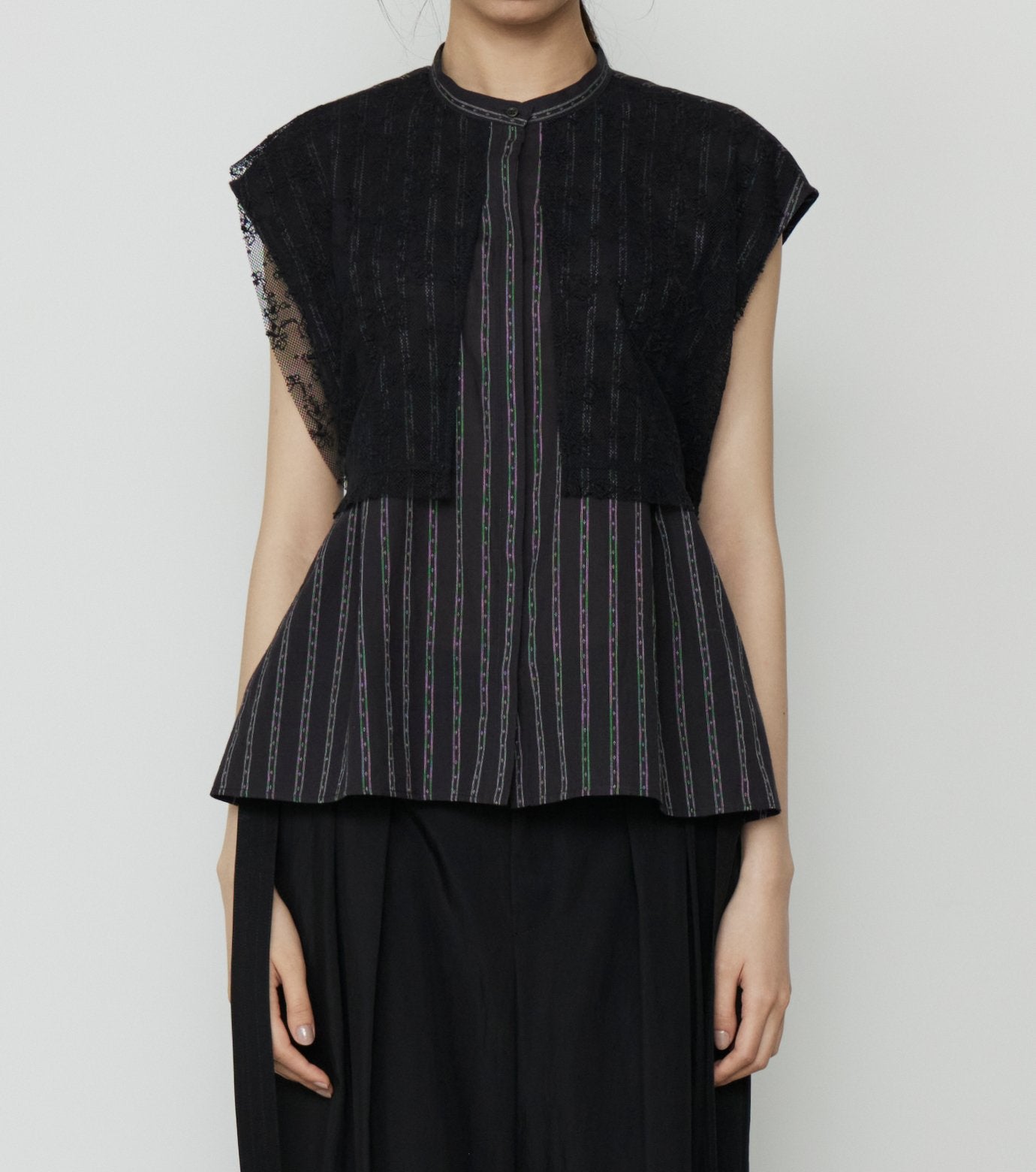 Striped Sleeveless Shirt with Lace Bib