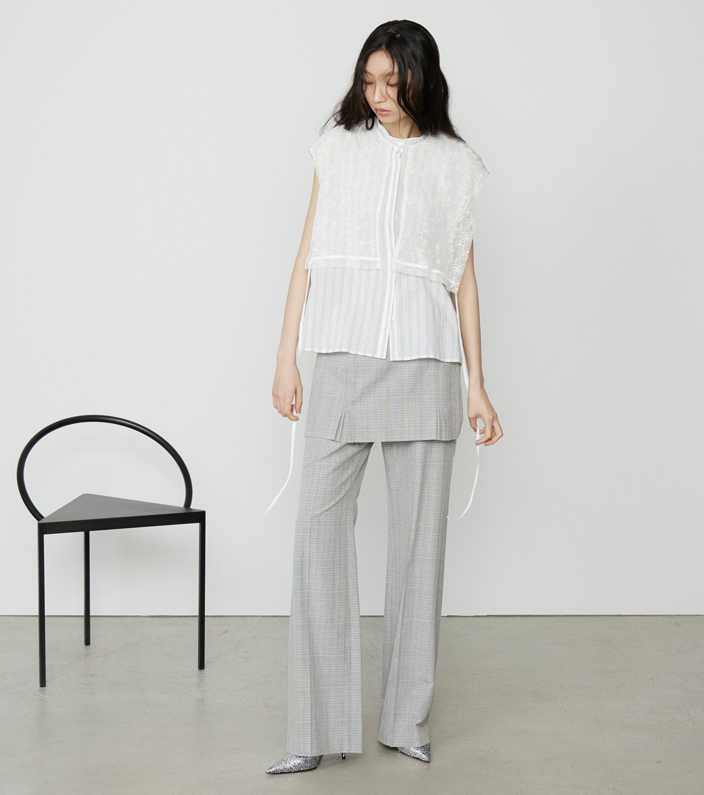 Striped Sleeveless Shirt with Lace Bib