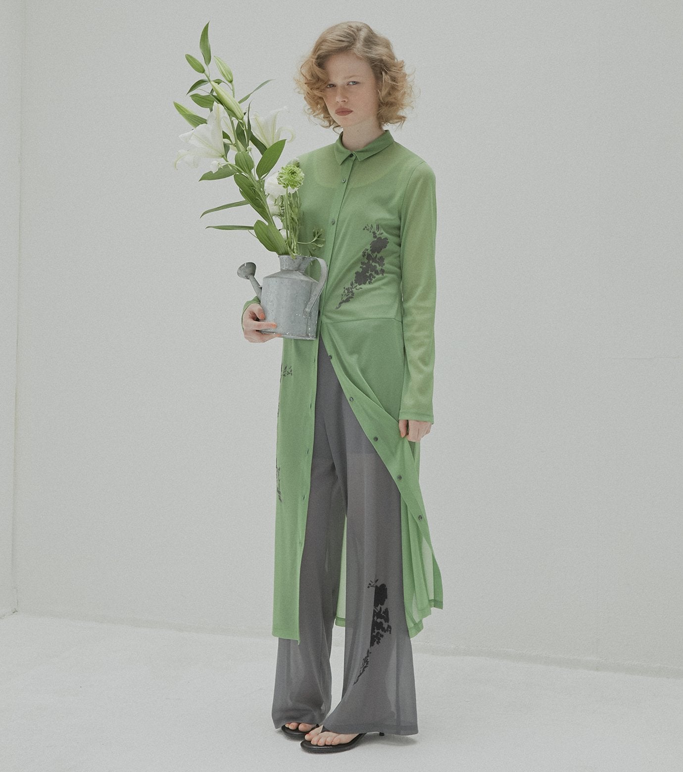 Sheer Shirt Dress w/Flocked Flower