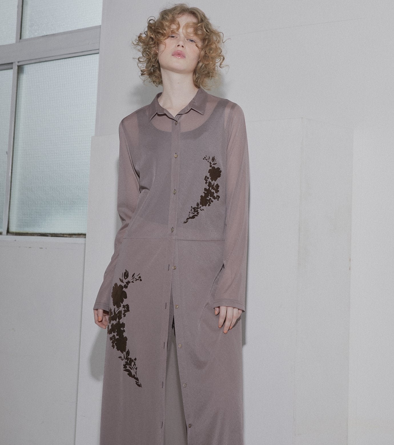 Sheer Shirt Dress w/Flocked Flower