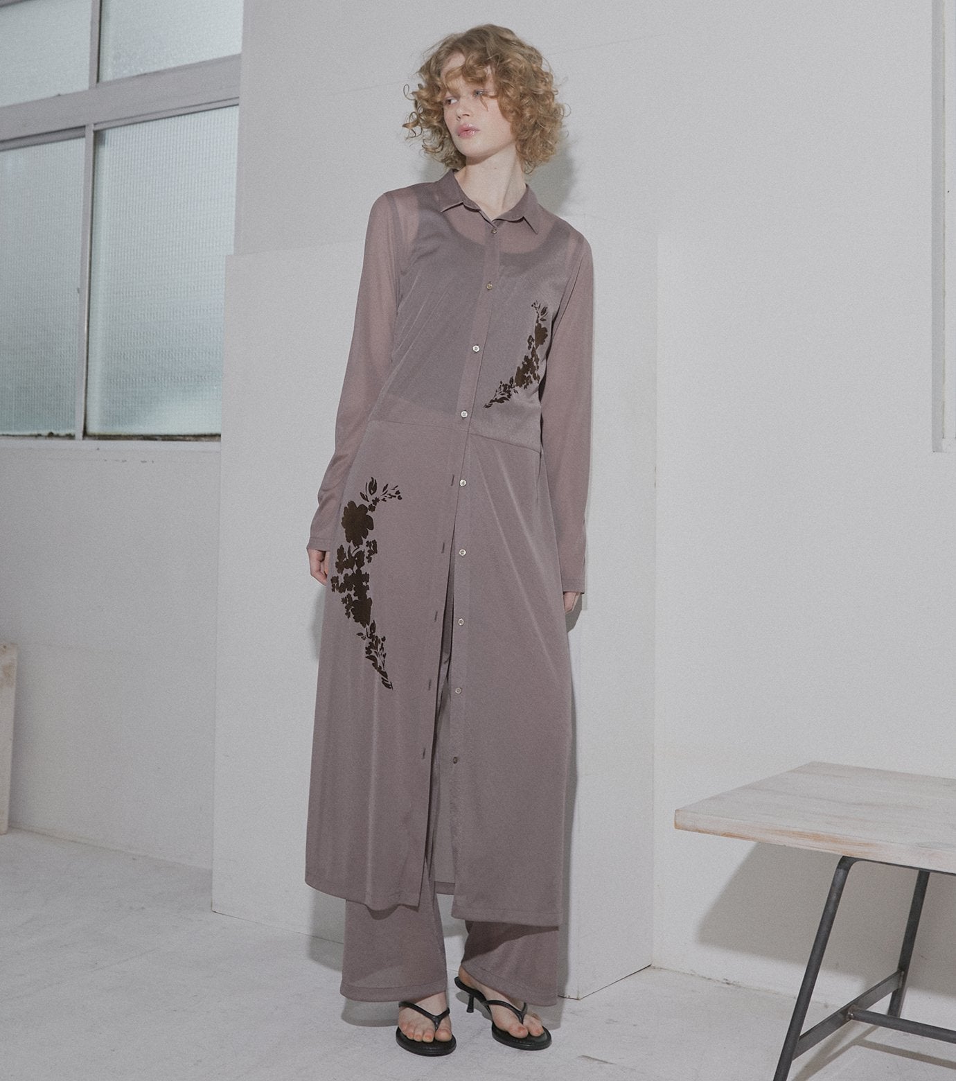 Sheer Shirt Dress w/Flocked Flower