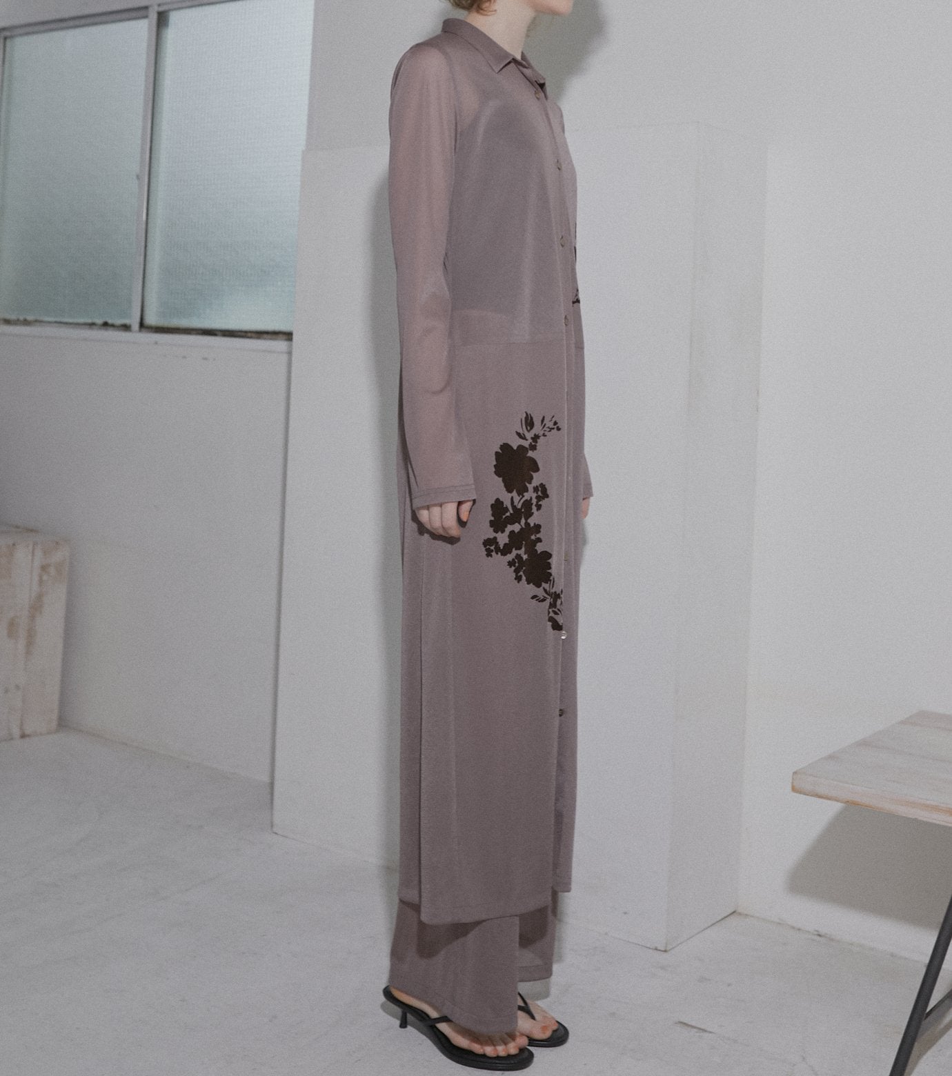 Sheer Shirt Dress w/Flocked Flower